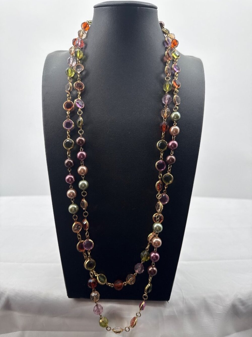 Vtg Premier Designs Hawaii Sunset Long Station Necklace Beveled Lucite Pearl